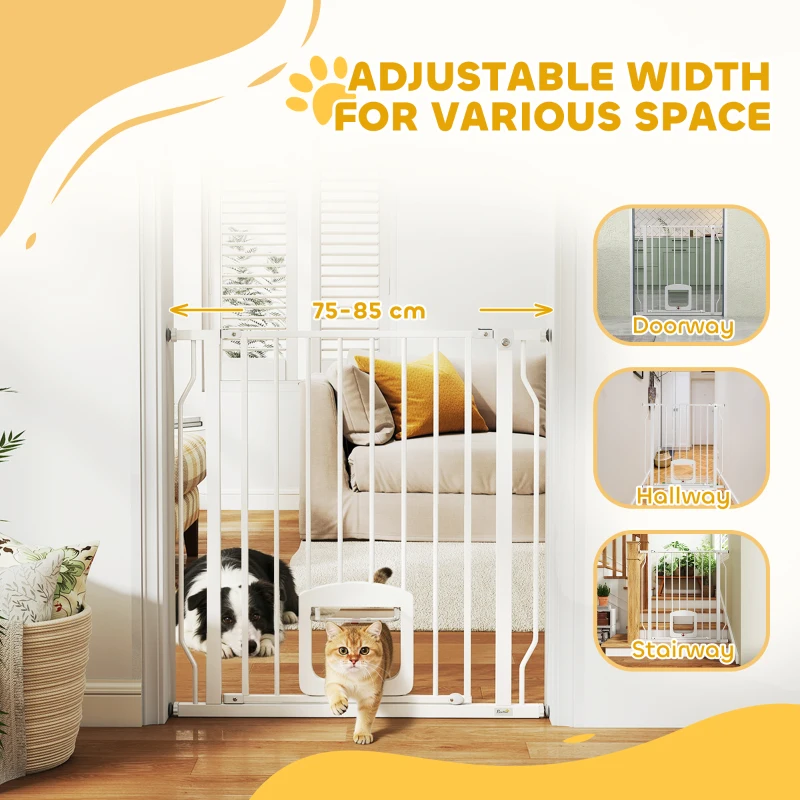 PawHut Adjustable Pet Gate with Cat Door, Pressure Fit Barrier for Doorway and Hallway, 75-85 cm, White