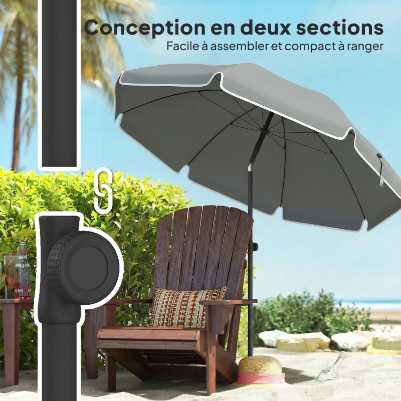 Outsunny Parasol de plage 1, m, parasol de jardin inclinaison avec ancrage au sable, hauteur réglable, sac de transport, gris foncé