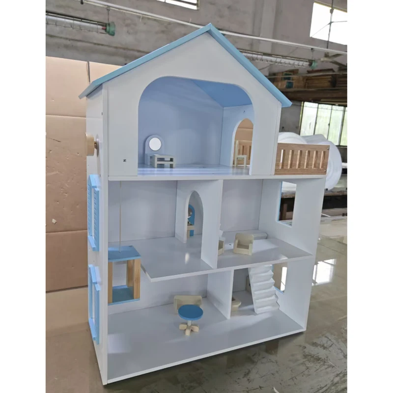 AIYAPLAY Casă de păpuși din lemn cu 3 etaje, lift și balcon, 5 camere și 13 piese de mobilier pentru copii 3-6 ani, Albastru