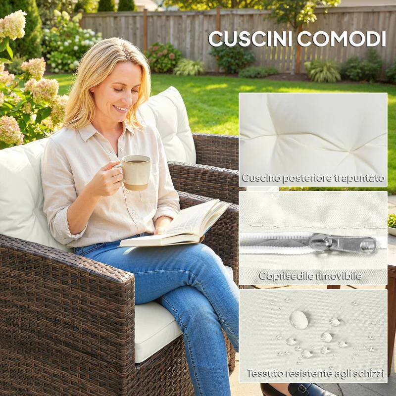 Outsunny Set da Giardino 3pz in Rattan PE e Acciaio con 2 Poltrone con Cuscini e Tavolino da Caffè, Marrone e Crema