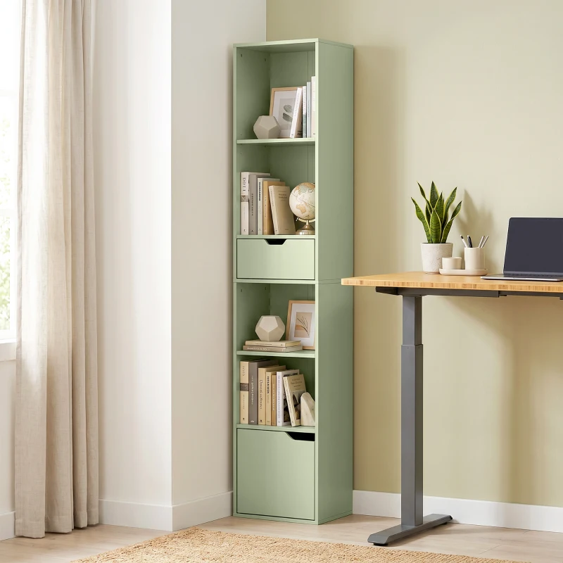 HOMCOM 6-Tier Bookcase, Tall Narrow Bookshelf with Drawer and Door - Green