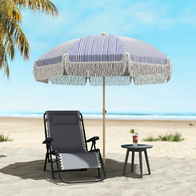 Outsunny 1.7 m Beach Umbrella with Sand Anchor, 30° Tilting Fringed Beach Garden Parasol with Adjustable Height, Blue