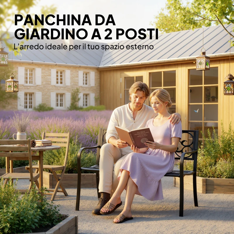 Outsunny Panchina da Giardino 2 Posti con Schienale Decorato in Ghisa e Metallo, 127x60x89cm, Nero