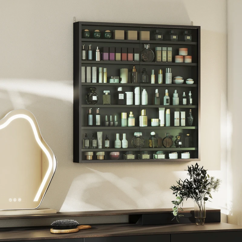 HOMCOM Bacheca Portaoggetti a 6 Ripiani Regolabili in Legno con Ante in Vetro, 80x9.5x83 cm, Nero