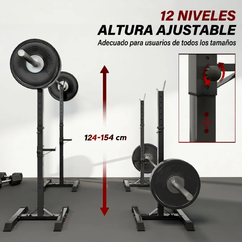 HOMCOM Soporte Barras Pesas de Acero con Altura Ajustable en 12 Niveles Carga Máx. 150 kg 50x49x124-154 cm Negro
