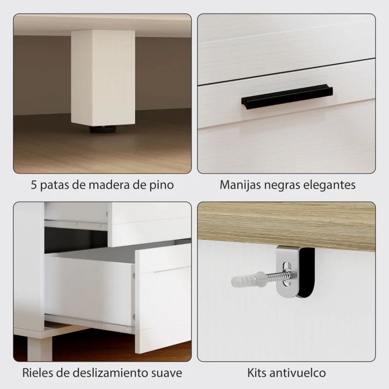 HOMCOM Cómoda Dormitorio con 6 Cajones Patas de Madera para Salón Oficina 120x38x71 cm Blanco