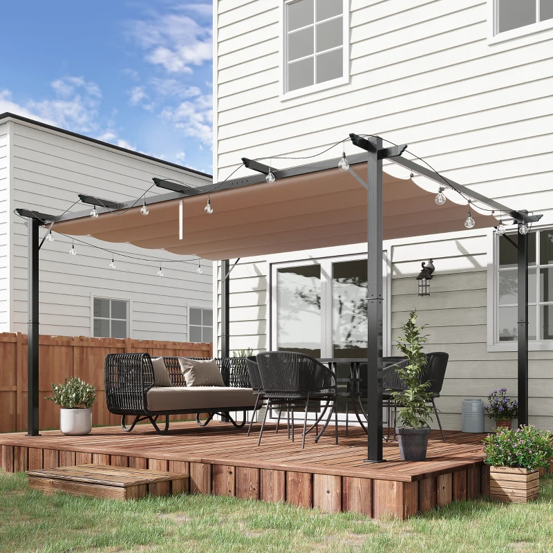 Outsunny Gazebo Pergola da Giardino 3x4m con Telo in Poliestere e Struttura in Alluminio, Grigio e Marrone