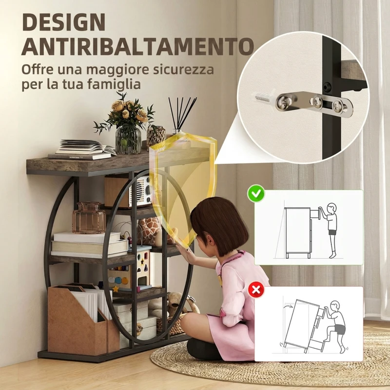 HOMCOM Tavolo Consolle Industriale con Ripiani e Telaio in Acciaio Circolare, 100x30x81.5 cm, Marrone Rustico