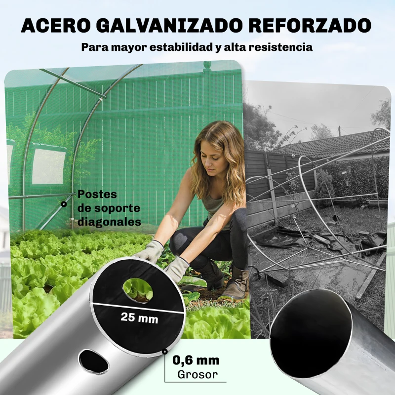 Outsunny Invernadero de Túnel 6x3x2 m con Puerta con Bisagras 12 Ventanas de Malla y Estructura de Acero Galvanizado Verde