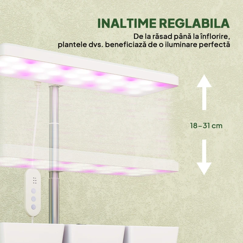 Outsunny Lămpi pentru Plante cu 30 de Lumini LED, 3 Ghivece, Temporizator și Iluminare Reglabilă, 31,8x13,4x18,6-35,6 cm, Alb