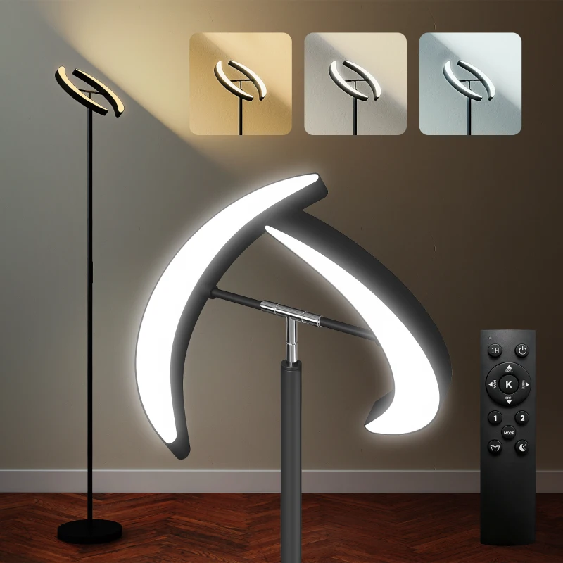 HOMCOM Lampă de Podea Reglabilă cu Telecomandă și Două Capete Rotative 350°, Reglare Temperatură Culoare 2700K-6000K, pentru Living și Dormitor, Negru