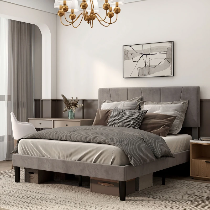HOMCOM Cadre de lit double 140 x 190 cm lit 2 personnes tête de lit réglable sommier 150 x 198 x 100/105/110/115/120 cm gris