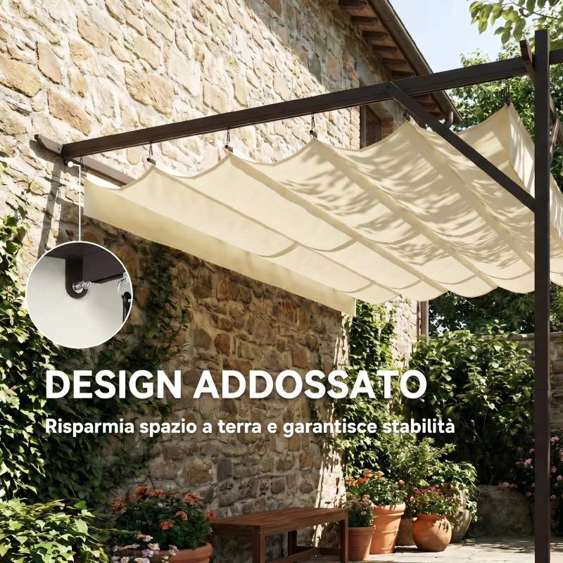 Outsunny Gazebo Pergola Addossata 3x3 m con Tetto Scorrevole e Fori di Drenaggio, Crema