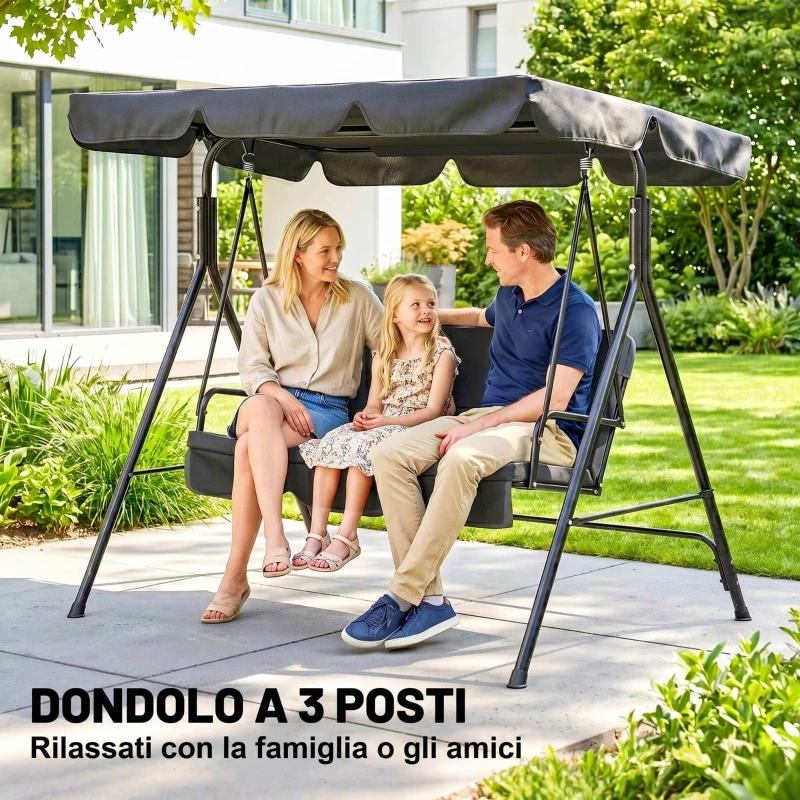 Outsunny Dondolo da Giardino 3 Posti con Tetto Parasole Regolabile e Struttura in Acciaio, 172x110x153cm, Nero