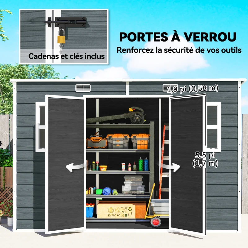 Outsunny Abri de jardin en plastique, avec plancher, 303 x 123 x 197 cm, effet bois gris