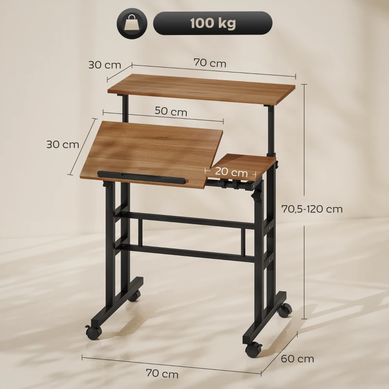 HOMCOM Bureau assis debout bureau réglable en hauteur 70 x 60 cm à roulettes avec plateau inclinable cadre en métal marron