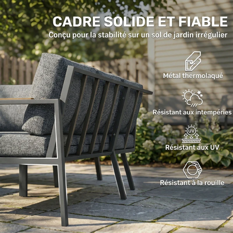 Outsunny Salon de Jardin Extérieur 3 Pièces 5 Personnes, 2 Canapés avec Coussins Épais, 1 Table Basse, 183x183x72cm, Gris Foncé