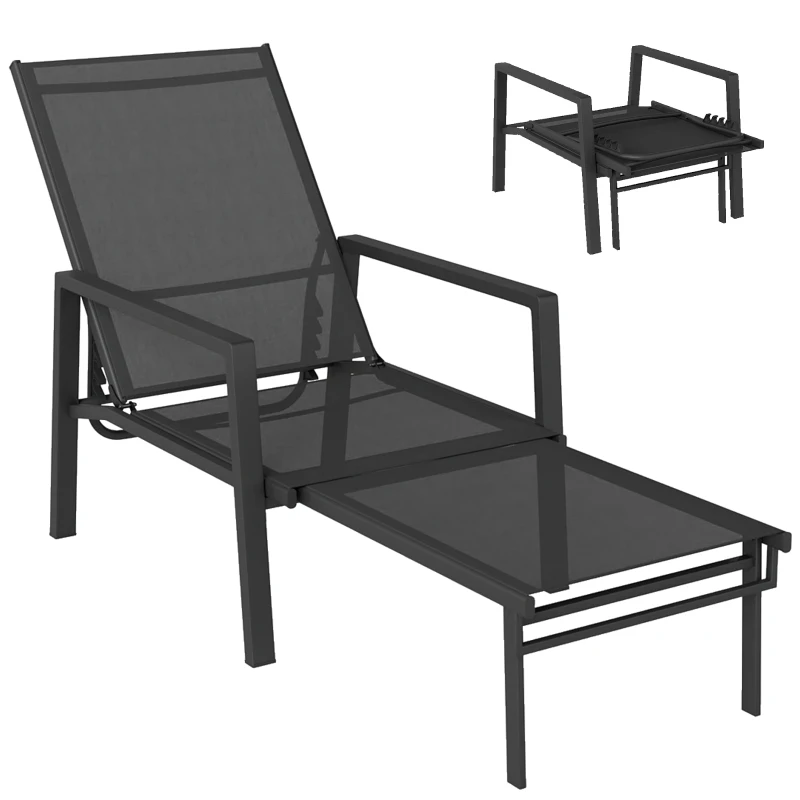 Outsunny Chaise Longue Jardin Réglable à 5 Positions avec Repose-Pieds Rétractable et Accoudoirs, Acier, 63x185x55cm, Noir