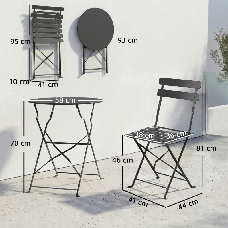 Outsunny Set Bistrò Esterno, Arredo Giardino Pieghevole con Tavolo e 2 Sedie, Nero.