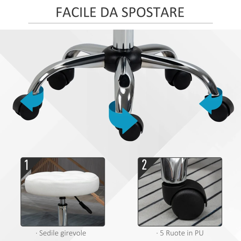 HOMCOM Sgabello Girevole Rotondo con Ruote, Altezza Regolabile e Rivestimento in Finta Pelle, Bianco