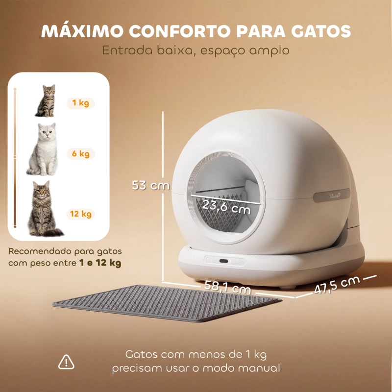 PawHut Caixa de Areia Autolimpante Capacidade 7L com Controlo por APP Purificação de Odores Ruído e Sensores de Segurança 58,1x47,5x53 cm Branco e Cinzento