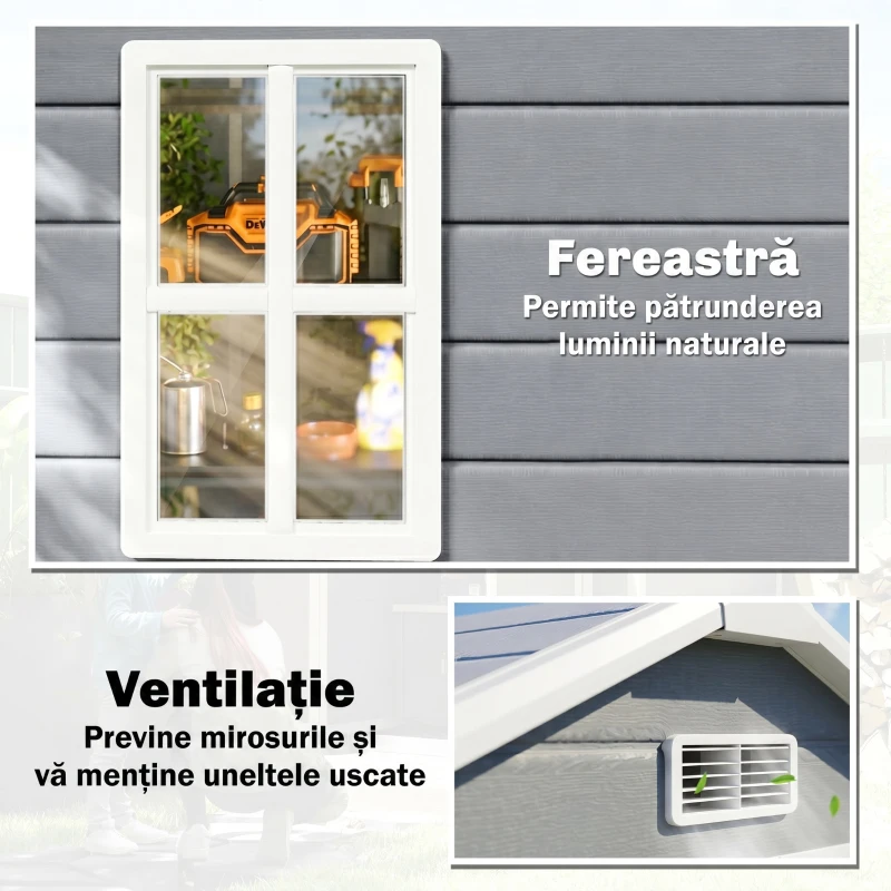 Outsunny Căsuță de Grădină cu Fereastră și Uși Duble din PP și Aluminiu, 183x134x210 cm, Gri(m-6)