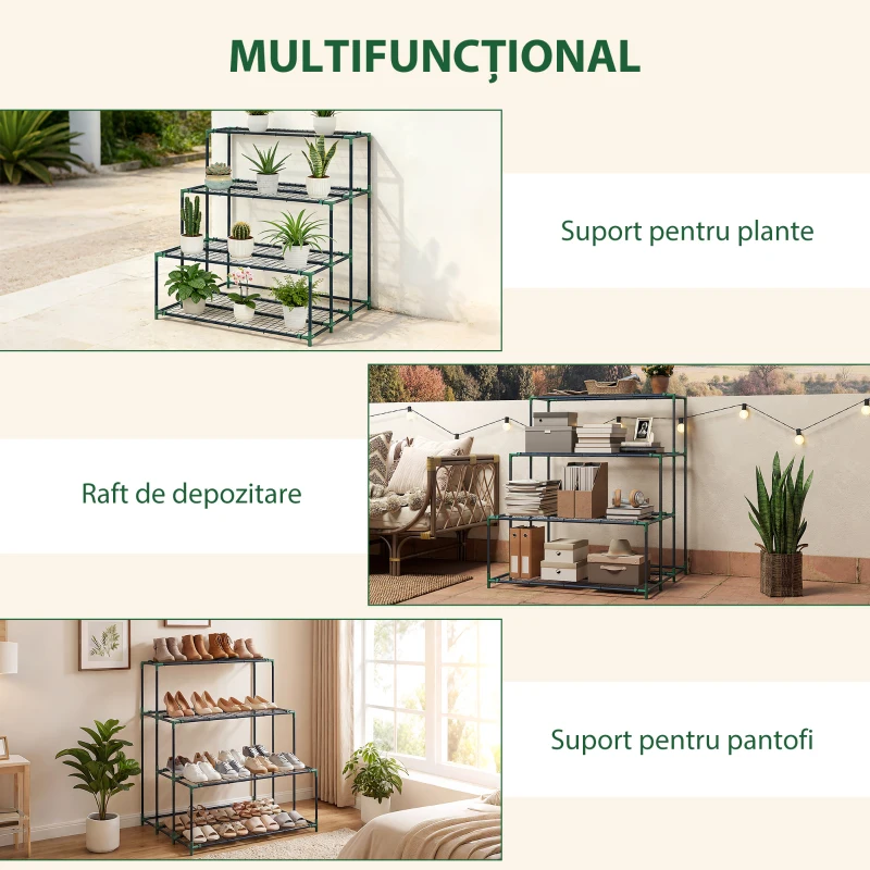 Outsunny Raft Suport Plante cu 4 Niveluri din Oțel, 94x84x110 cm, Verde Închis