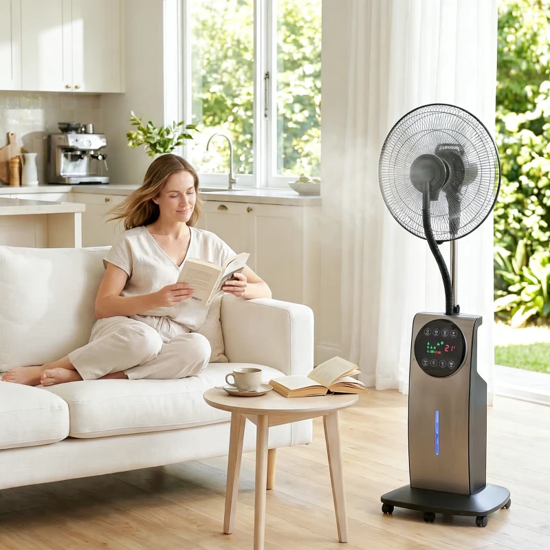 HOMCOM Ventilatore Nebulizzatore a Rotelle con 3 Modalità. 3 Velocità e Timer 12h, 50x39x138 cm, Nero