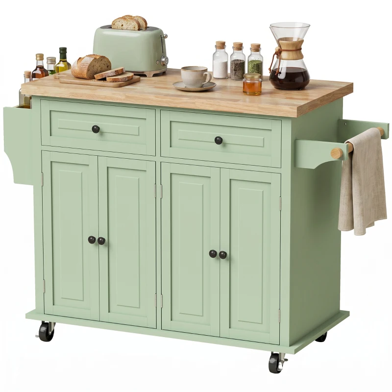 HOMCOM Rolling Kitchen Island Storage Trolley with Rubber Wood Top & Drawers for Dining Room, Light Green