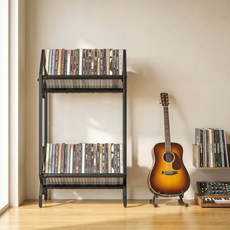 HOMCOM Organizator CD-uri pentru 50 CD-uri, Organizator Viniluri 2 Niveluri din Metal pentru DVD-uri, Cărți, Albume, Negru