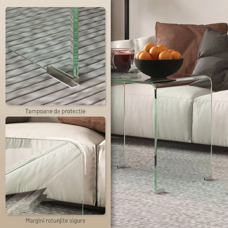HOMCOM Măsuță modernă din sticlă securizată pentru living, design monobloc, 50x40x45 cm, transparentă
