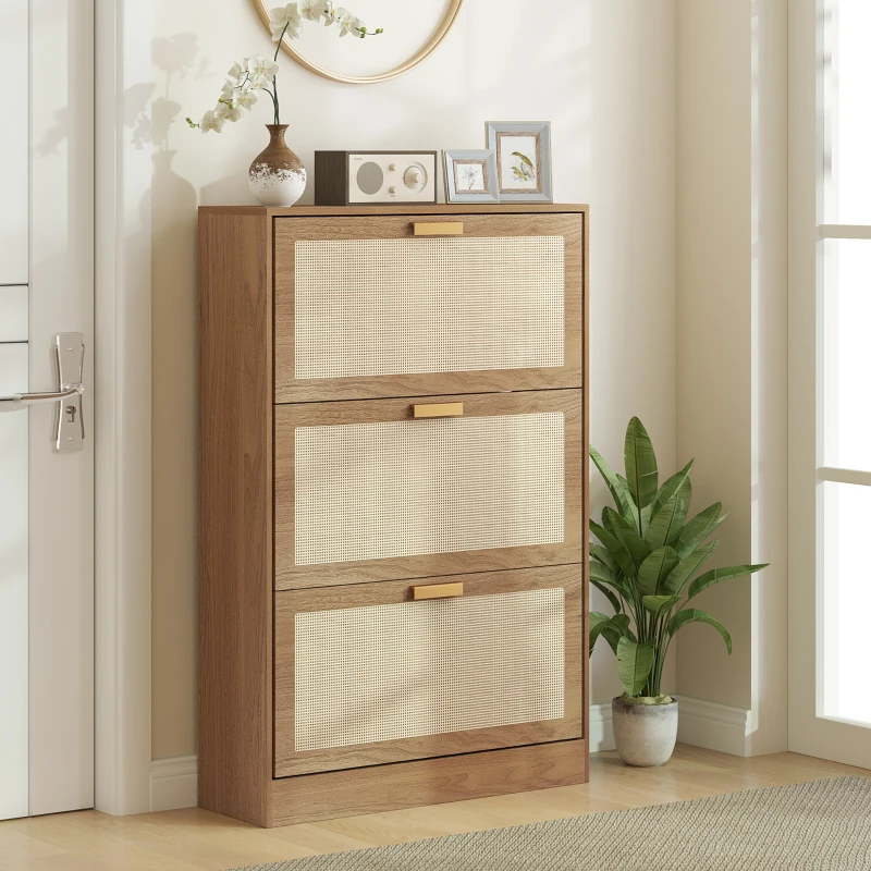HOMCOM Dulap Pantofar pentru 18 Perechi de Pantofi cu 3 Sertare Rabatabile din Lemn și Ratan, 80x25x120 cm, Maro(m-2)