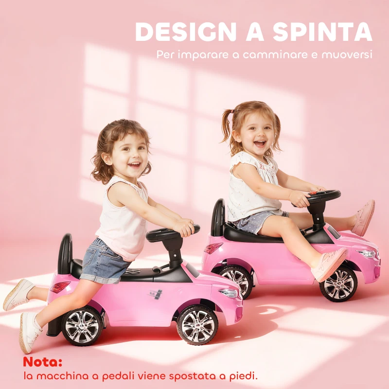 HOMCOM Macchinina per Bambini Cavalcabile con Volante, Fari e Musiche Integrate, Macchina per Bambini in PP e Metallo, 63.5x28x36 cm, Rosa