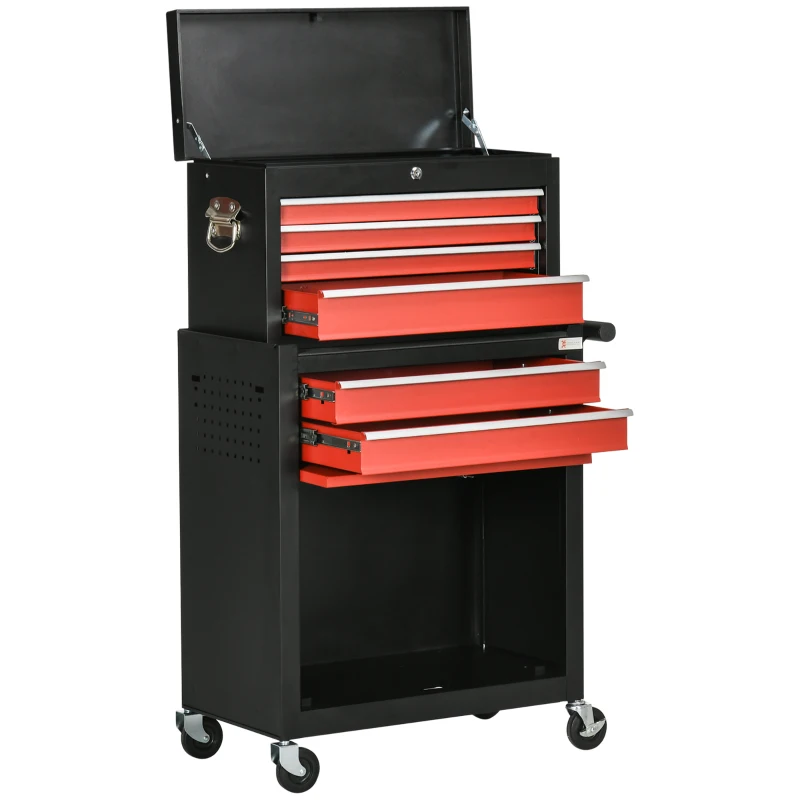 DURHAND Carro de Ferramentas com Rodas 6 Gavetas Armário de Armazenamento com Fechadura e Alça Lateral 70x33x108cm Preto e Vermelho
