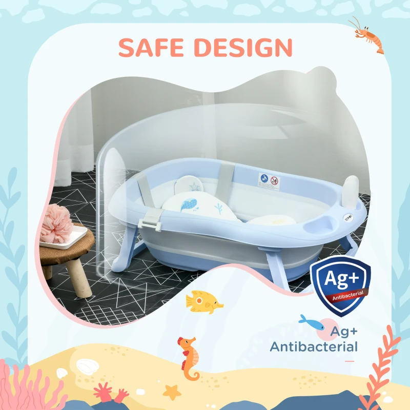ZONEKIZ Vaschetta Bagnetto Pieghevole Bambini 0-6 Anni con Cuscino e 2 Ripiani, 83x48x23.5 cm, Blu e Bianco
