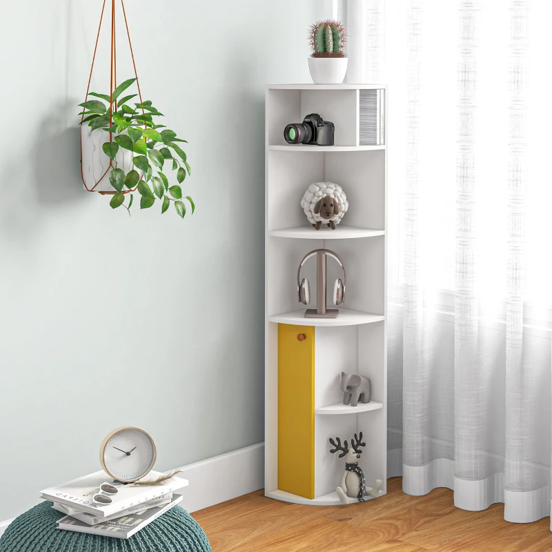 HOMCOM Scaffale Angolare da Parete in Legno Bianco, Mobile Libreria con 5 Ripiani e Armadietto Giallo, Design Moderno, 29.8x29.9x147cm