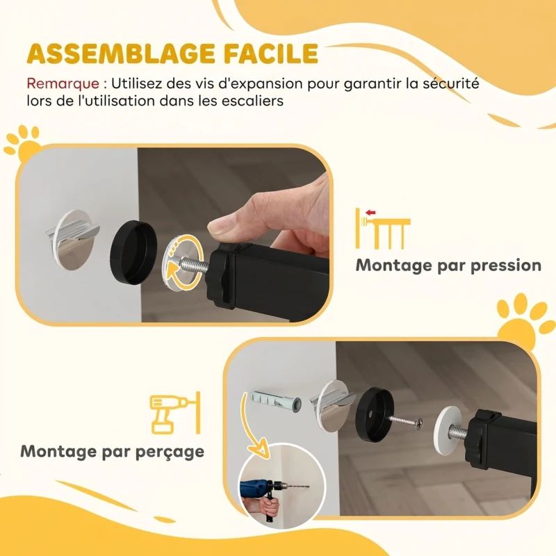 PawHut Barrière de sécurité pour chiens et bébés 76 à 102 cm avec extension fixation par pression sans perçage blanc