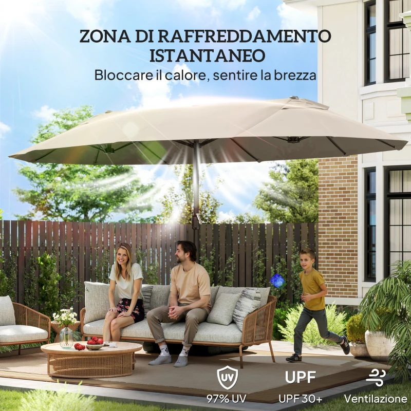 Outsunny Ombrellone da Giardino Doppio a 12 Stecche con Base a Croce e Apertura a Manovella, Ombrellone da Terrazzo con Sacchi di Sabbia, in Acciaio e Poliestere, 455x265x238 cm, Cachi