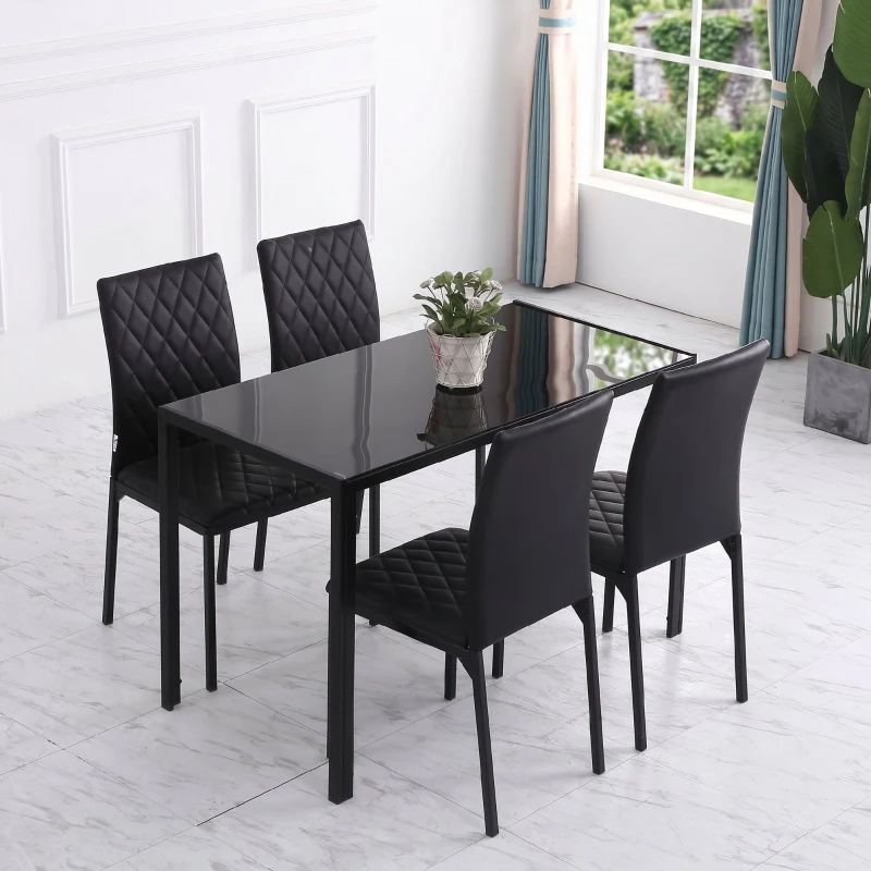 HOMCOM Set de 4 scaune pentru dining din piele sintetică cu cusături romboidale și picioare din metal, negru(m-9)