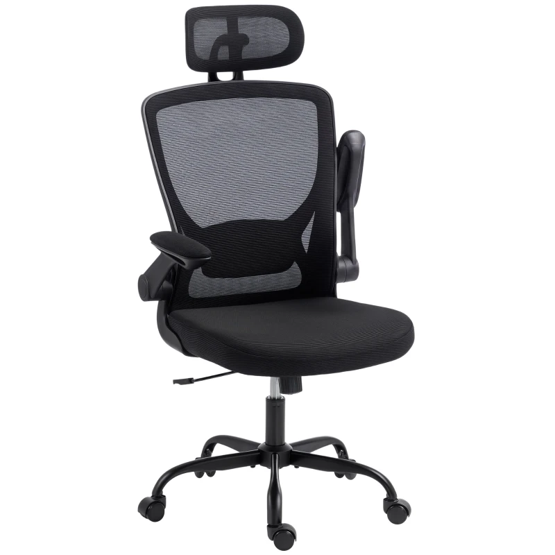 HOMCOM Scaun de birou ergonomic din plasă, cu tetieră reglabilă, negru
