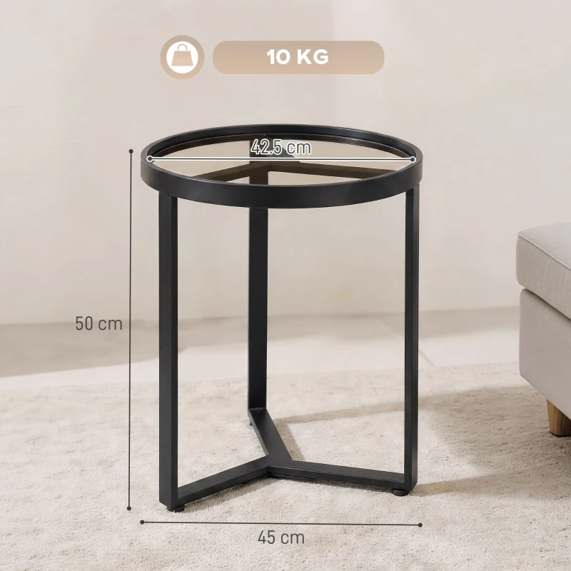 HOMCOM Round Side Table with Tempered Glass Top and Geometric Metal Frame for Small Space, Black