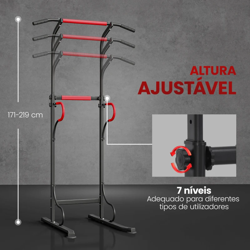 HOMCOM Barra de Elevações com Altura Ajustável Estação de Flexões Máquina de Elevações Multifuncional para Treino de Força 98x84x171-219 cm Preto