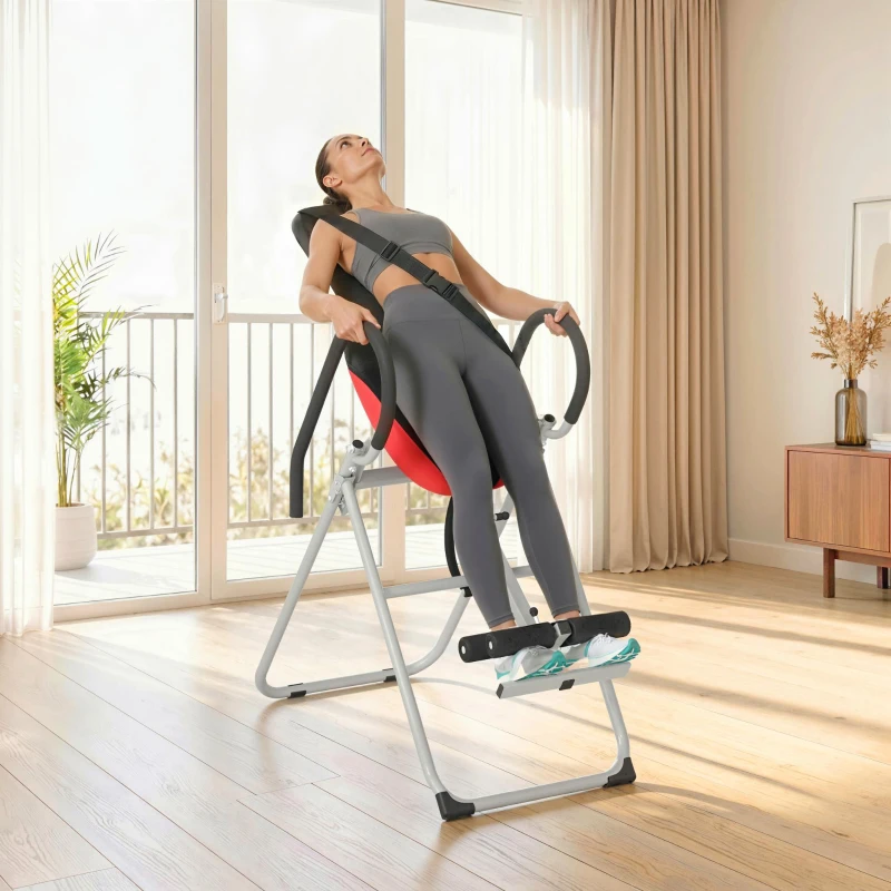 SPORTNOW Table d'Inversion Pliable en Acier, Inversion 0-90°, Verrou de Cheville Réglable, 122x59x130cm, Rouge