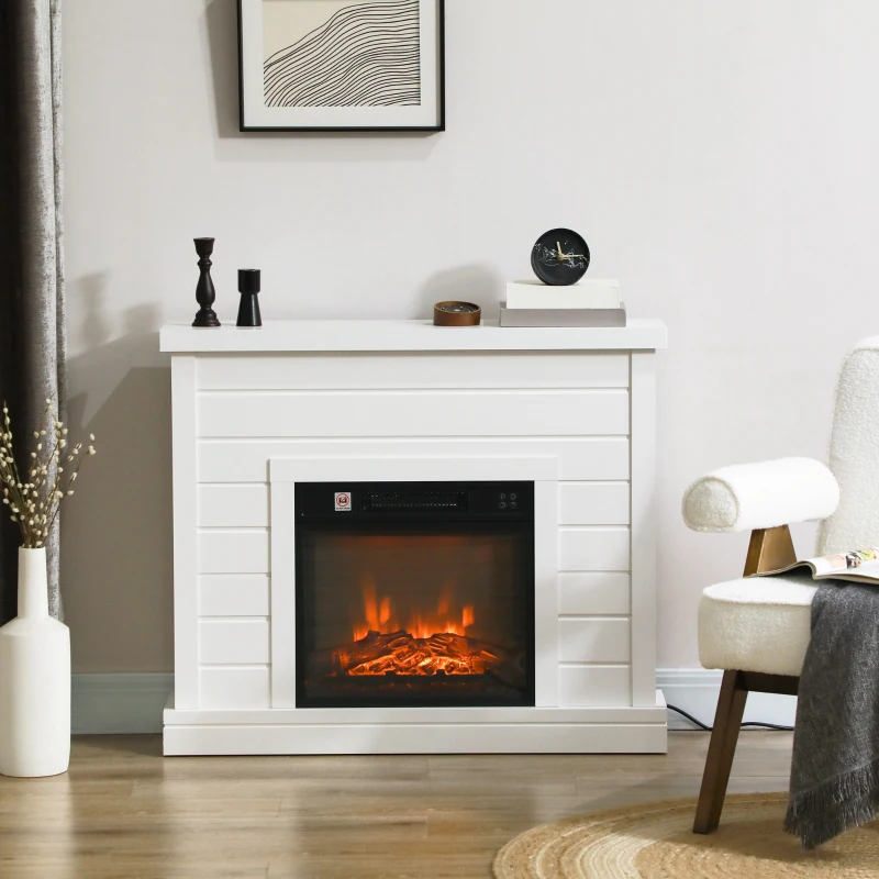 HOMCOM Chimenea Eléctrica 1800W con Efecto de Llama Mando a Distancia Temporizador Semanal para Sala 30 m² Blanco