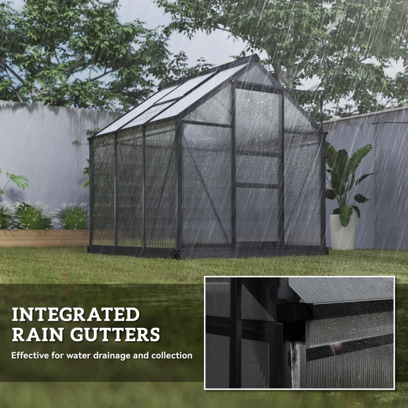 Outsunny 6 x 6ft Polycarbonate Greenhouse, Large Walk in Green House with Slide Door and Window, Garden Plants Grow House with Aluminium Frame and Foundation, Grey