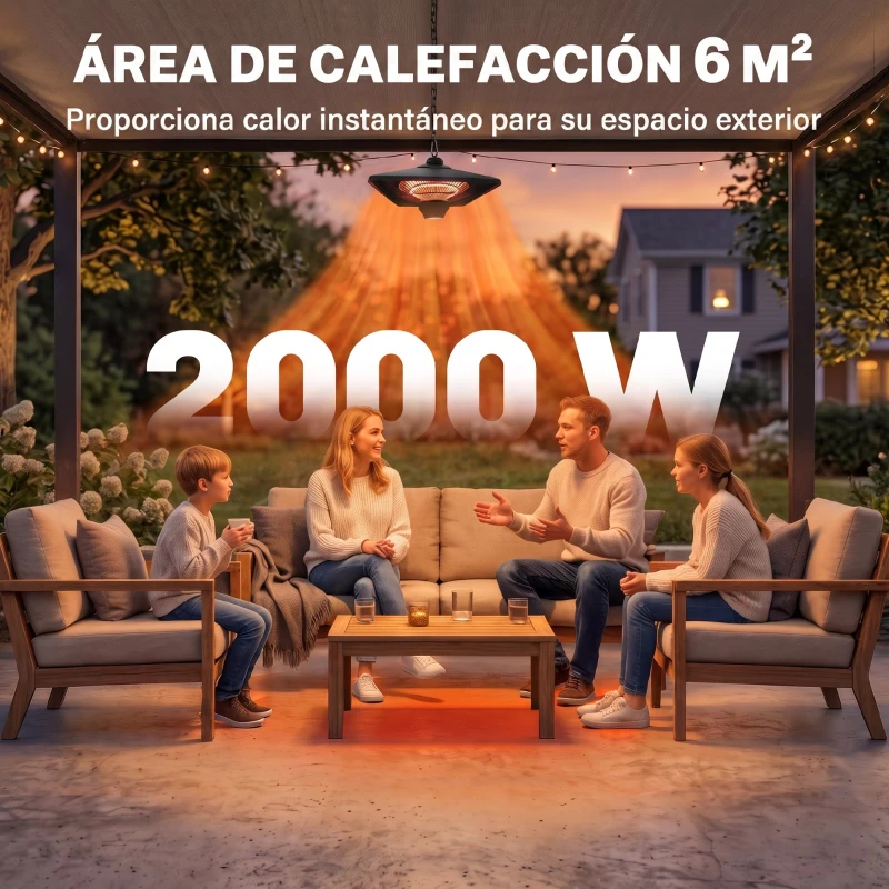 Outsunny Calefactor Exterior 1000/2000W Estufa Colgante de Techo Infrarrojos Halógeno con Control Remoto y Luz LED 43x43x25 cm Negro