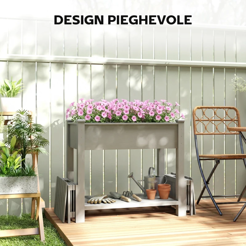 Outsunny Fioriera Rialzata con 2 Vasi Laterali e Ripiano per Attrezzi, in Legno di Abete, 149x46x76 cm, Grigio