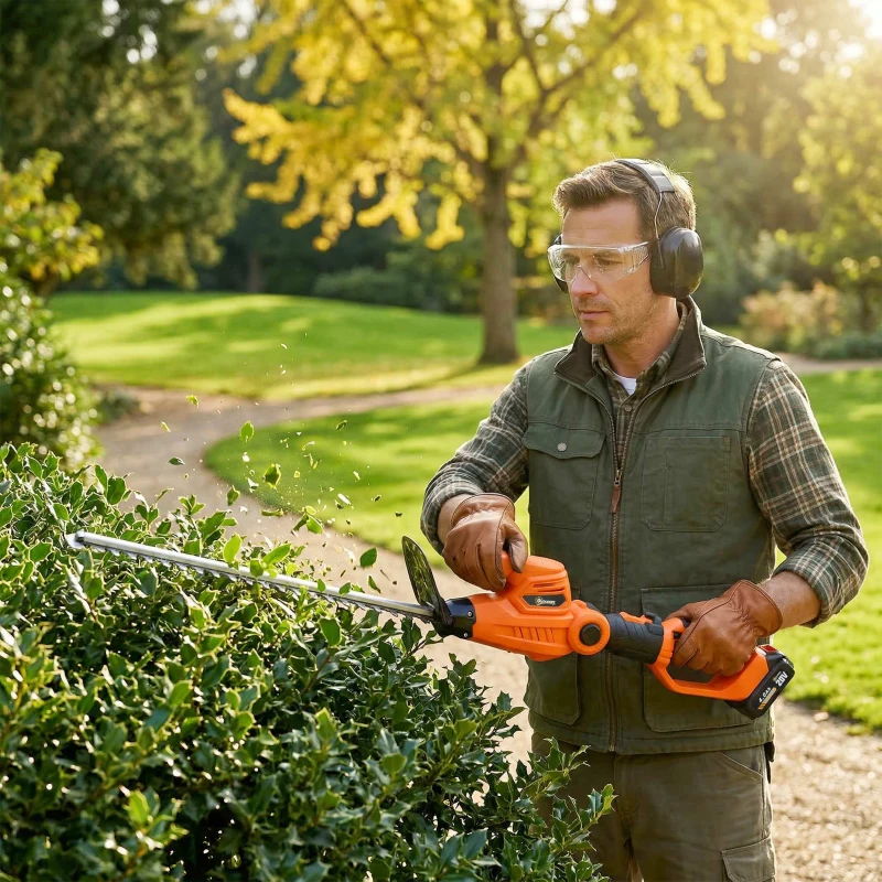 Outsunny Trimmer pentru Gard Viu pe Baterie 18V, Trimmer pentru Grădină cu 2 Baterii de 4Ah, Încărcător, Târnă Telescopică Reglabilă din Aluminiu, Lamă Cu Acțiune Dublă de 51cm pentru Ramuri, Portocaliu