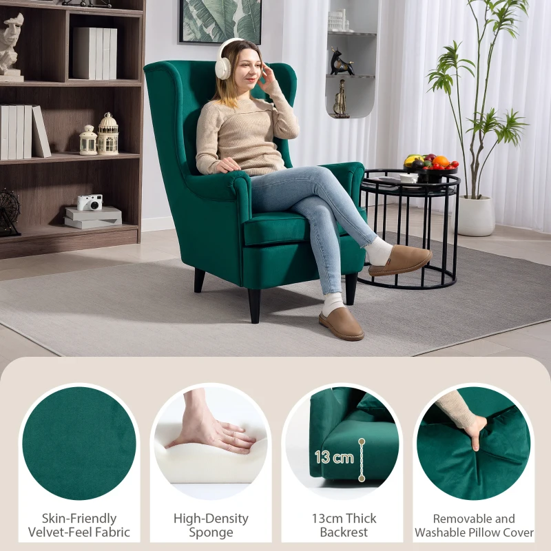 HOMCOM Modern Accent Chair with High Backrest and Pillow, Velvet-Feel Fabric Reading Chair with Solid Wood Legs, Green