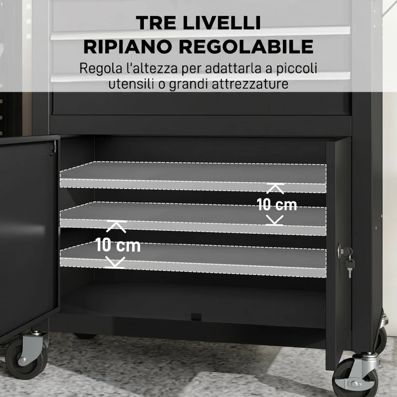 HOMCOM Carrello Porta Attrezzi in Acciaio con Piano di Lavoro, 3 Cassetti, Armadio, Pannelli Forati, Ruote, Nero